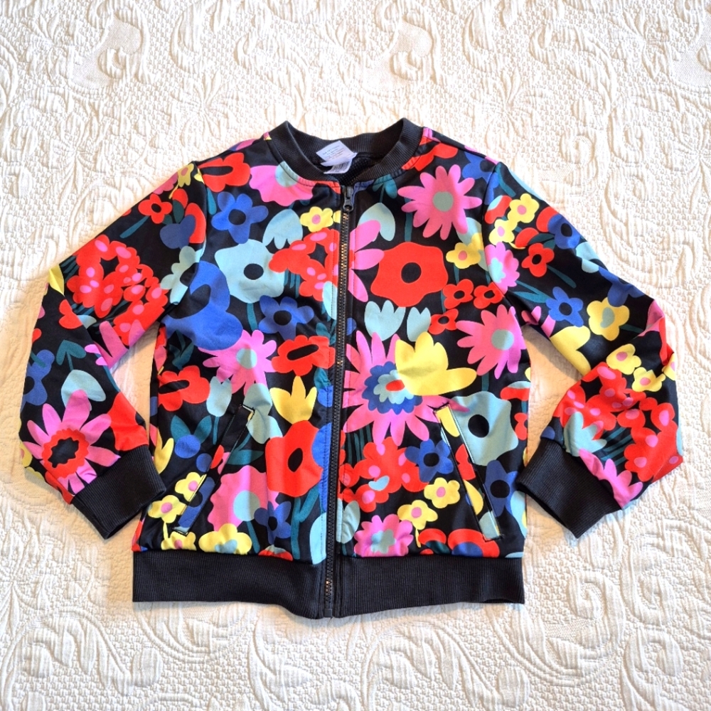 Hanna Andersson Black Floral Zip Jacket with Bright Multi-Color Flowers
